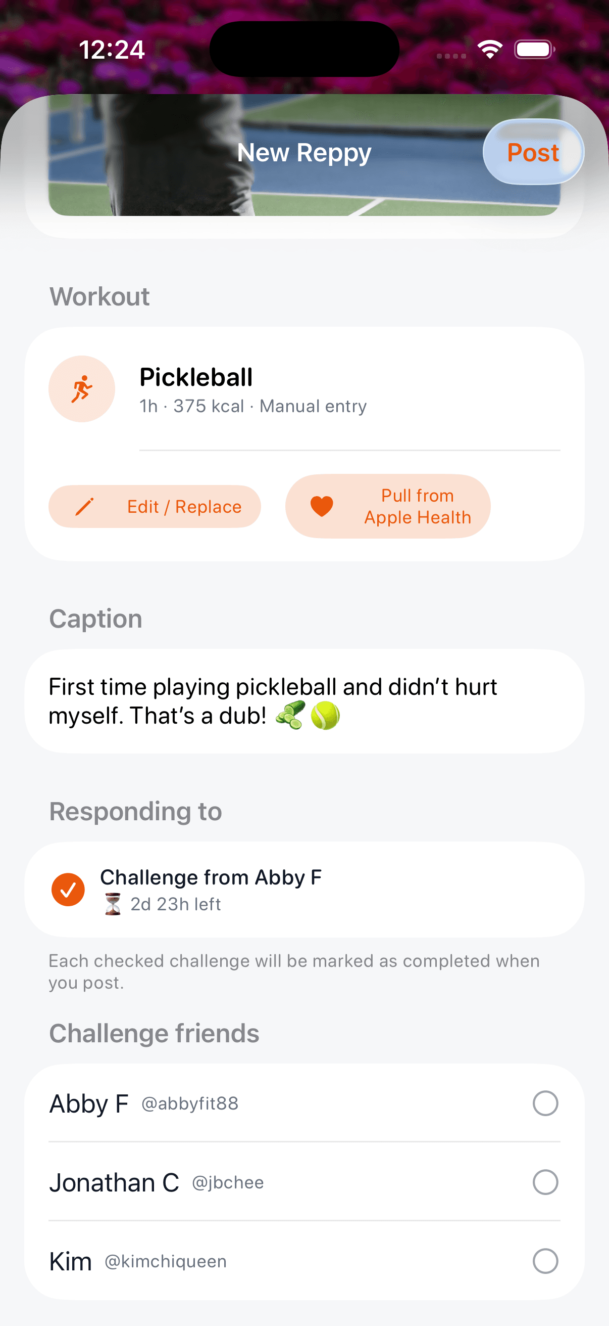 Reppy post composer responding to a friend's challenge with a 2d 23h countdown and a friend picker