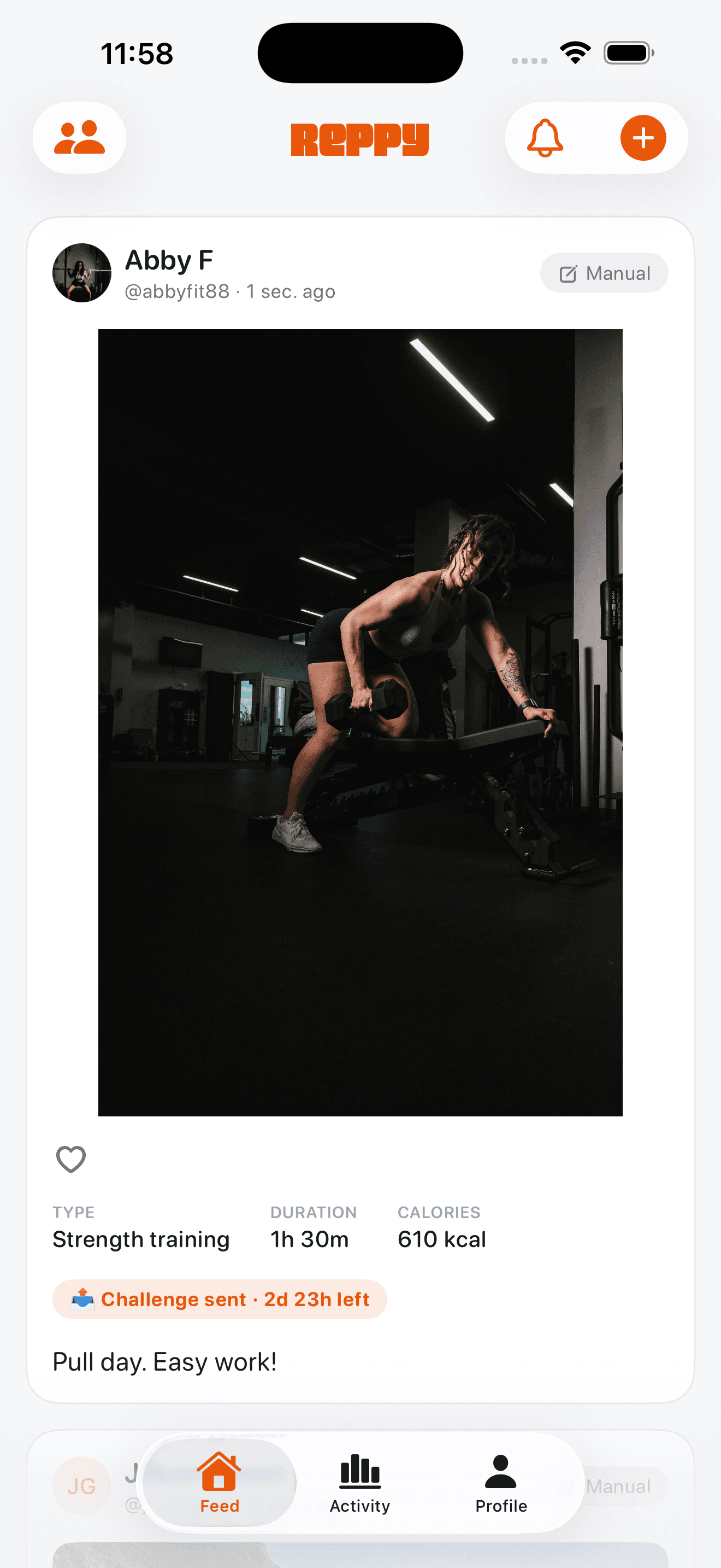 Reppy feed showing a friend's strength training post with a 3-day challenge timer